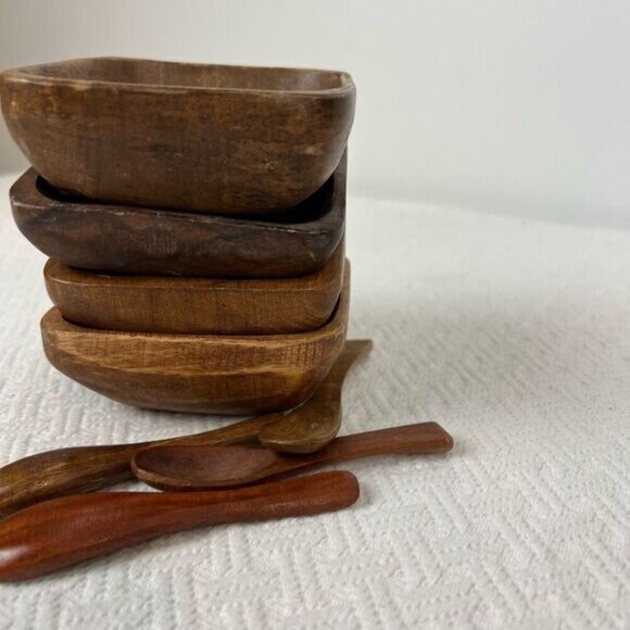 Vintage Antique 8 Piece Teak Wood Primordial Bowl and Spoon Sauce Serve Set - Picture 13 of 13